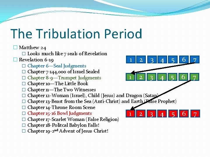 The Tribulation Period � Matthew 24 � Looks much like 7 seals of Revelation