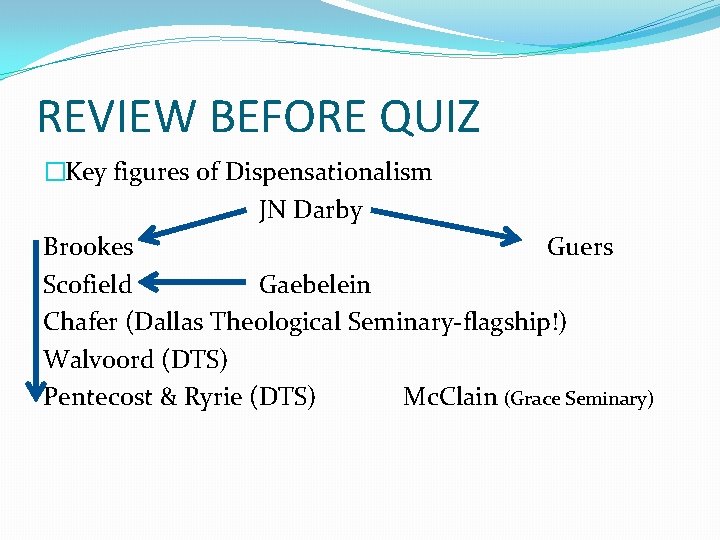 REVIEW BEFORE QUIZ �Key figures of Dispensationalism JN Darby Brookes Guers Scofield Gaebelein Chafer