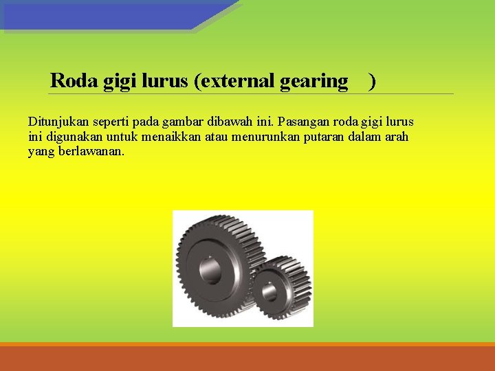 Roda gigi lurus (external gearing ) Ditunjukan seperti pada gambar dibawah ini. Pasangan roda