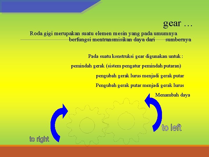 gear … Roda gigi merupakan suatu elemen mesin yang pada umumnya berfungsi mentransmisikan daya