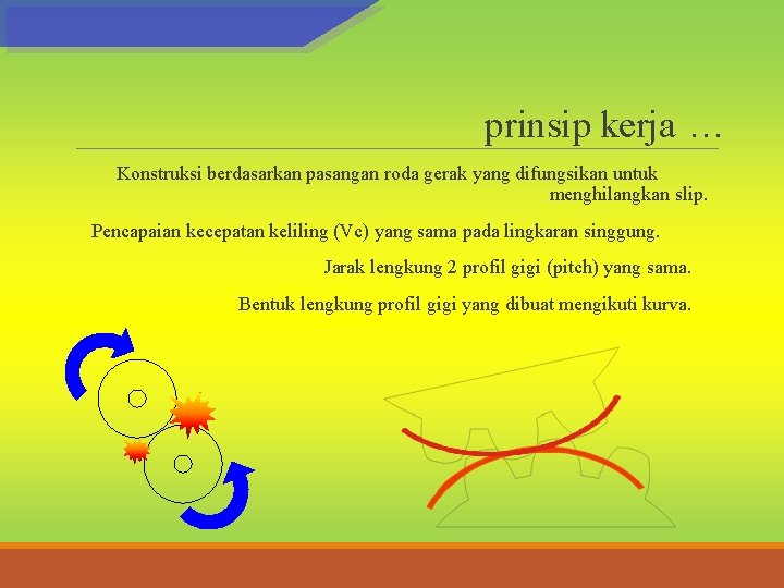 prinsip kerja … Konstruksi berdasarkan pasangan roda gerak yang difungsikan untuk menghilangkan slip. Pencapaian