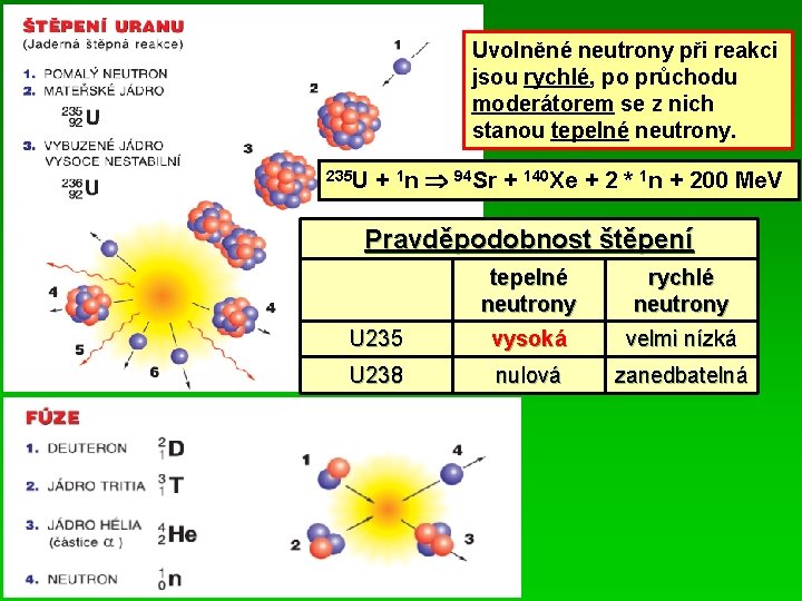 Uvolněné neutrony při reakci jsou rychlé, po průchodu moderátorem se z nich stanou tepelné