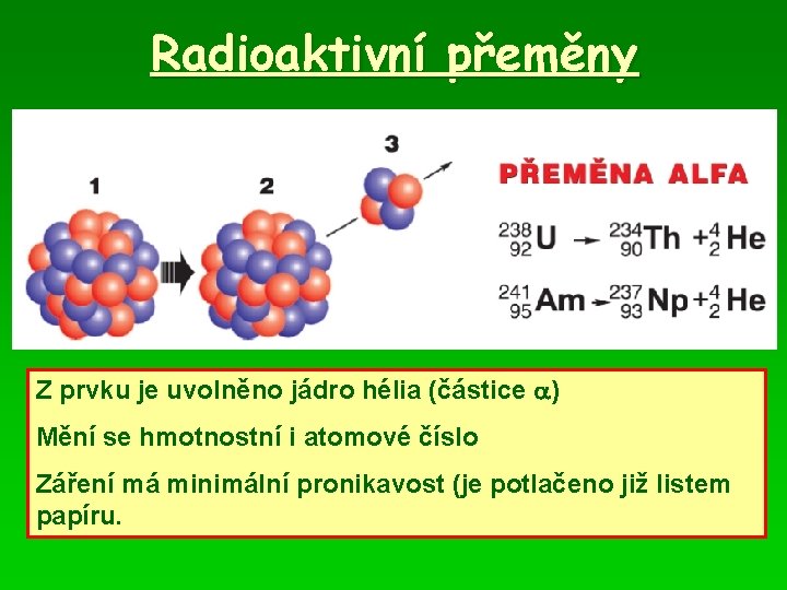 Radioaktivní přeměny Z prvku je uvolněno jádro hélia (částice ) Mění se hmotnostní i