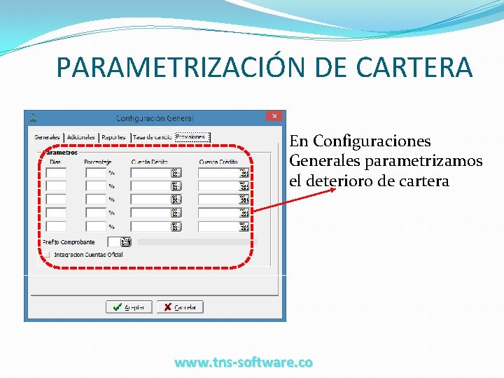 PARAMETRIZACIÓN DE CARTERA En Configuraciones Generales parametrizamos el deterioro de cartera www. tns-software. co