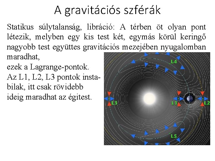 A gravitációs szférák Statikus súlytalanság, libráció: A térben öt olyan pont létezik, melyben egy