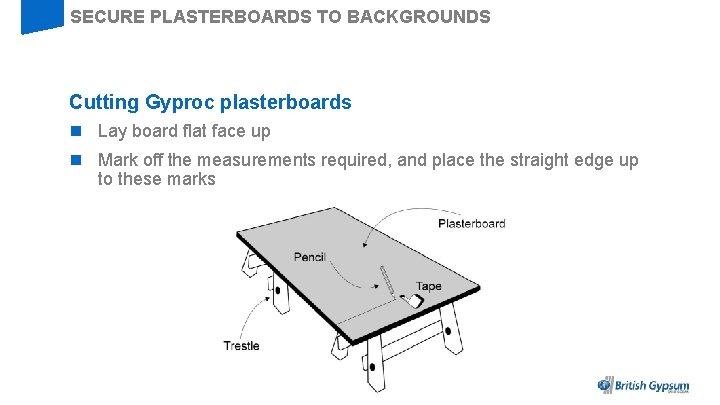 SECURE PLASTERBOARDS TO BACKGROUNDS Cutting Gyproc plasterboards n Lay board flat face up n