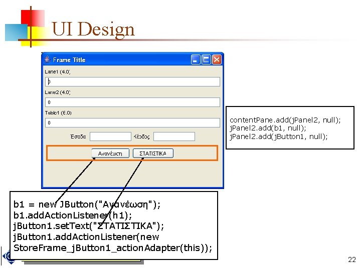 UI Design content. Pane. add(j. Panel 2, null); j. Panel 2. add(b 1, null);