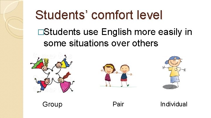 Students’ comfort level �Students use English more easily in some situations over others Group