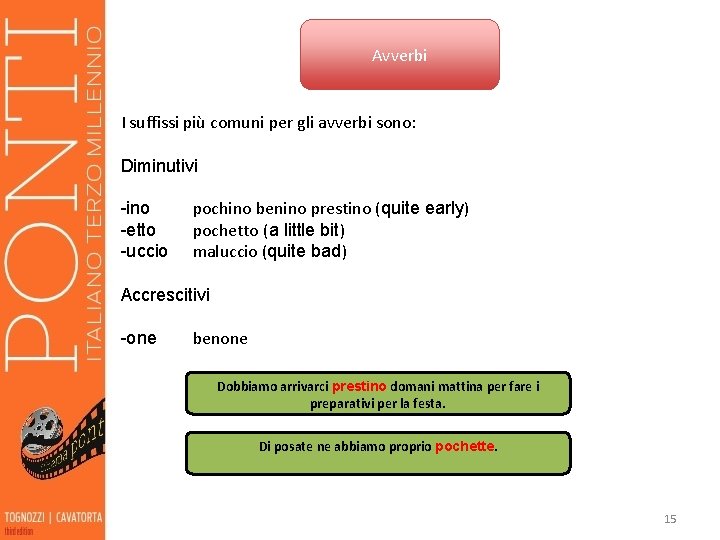 Avverbi I suffissi più comuni per gli avverbi sono: Diminutivi pochino benino prestino (quite