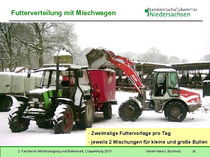 Futterverteilung mit Mischwagen - Zweimalige Futtervorlage pro Tag - jeweils 2 Mischungen für kleine