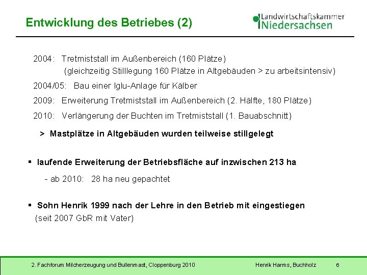 Entwicklung des Betriebes (2) 2004: Tretmiststall im Außenbereich (160 Plätze) (gleichzeitig Stilllegung 160 Plätze