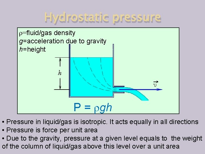 Hydrostatic pressure ρ=fluid/gas density g=acceleration due to gravity h=height P = ρgh • Pressure