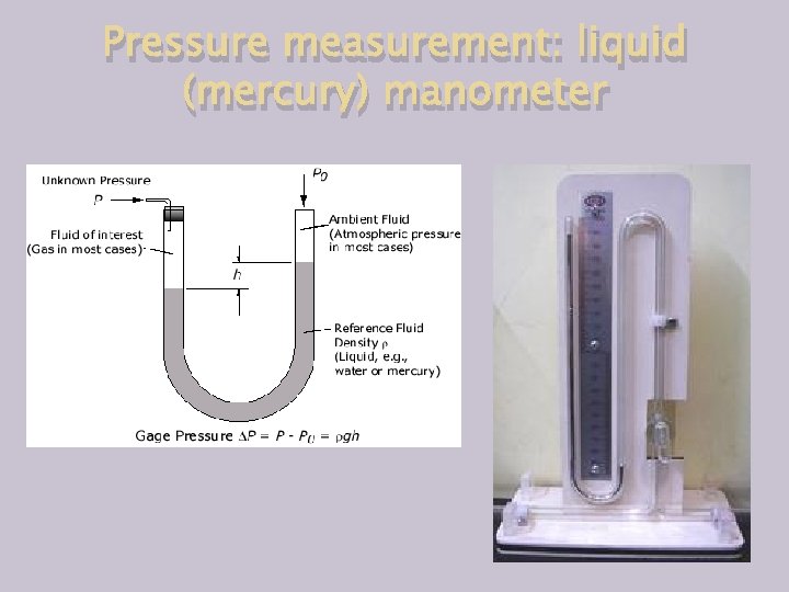 Pressure measurement: liquid (mercury) manometer 