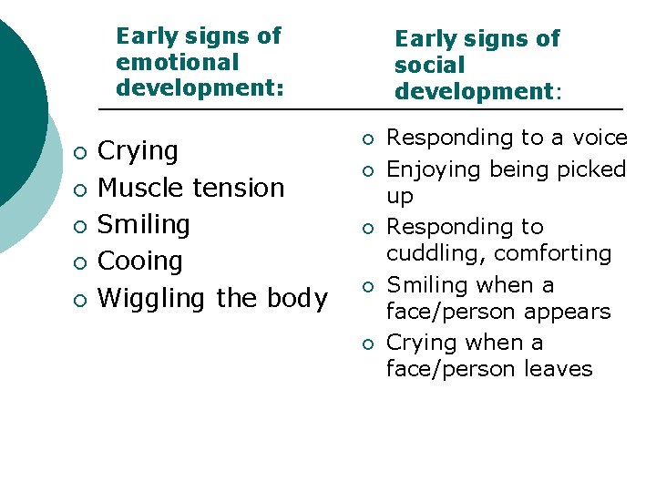 Early signs of emotional development: ¡ ¡ ¡ Crying Muscle tension Smiling Cooing Wiggling