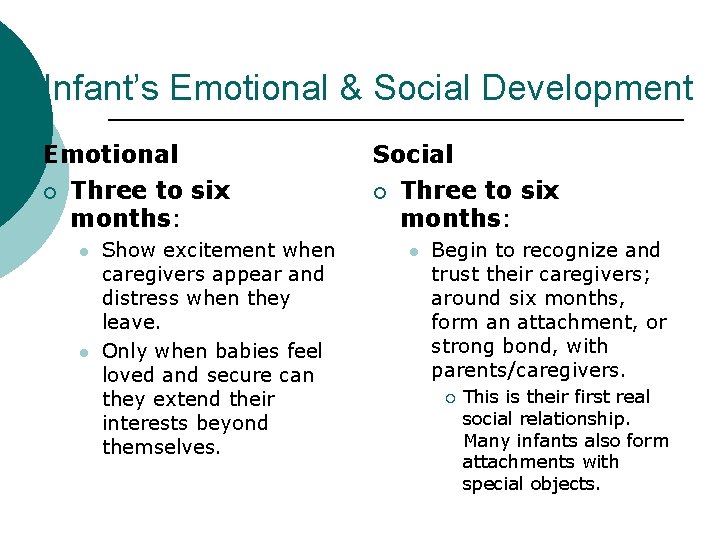 Infant’s Emotional & Social Development Emotional ¡ Three to six months: l l Show