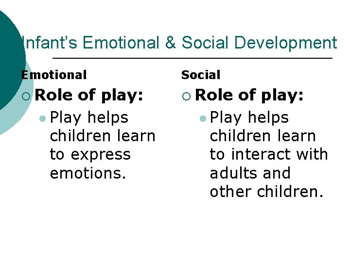 Infant’s Emotional & Social Development Emotional Social ¡ Role of play: l Play helps