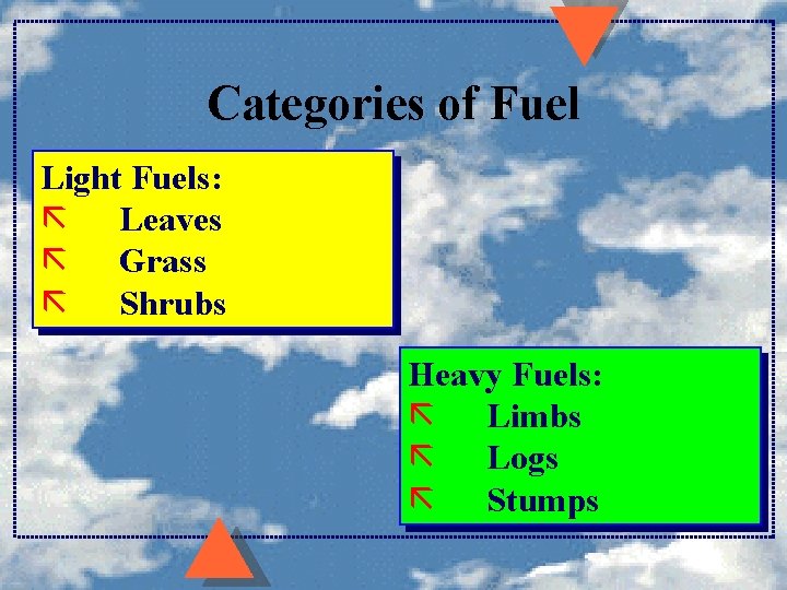 Categories of Fuel Light Fuels: ã Leaves ã Grass ã Shrubs Heavy Fuels: ã