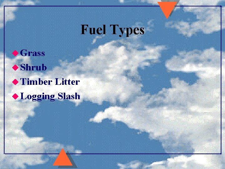 Fuel Types u Grass u Shrub u Timber Litter u Logging Slash Fuel Types u Grass u Shrub u Timber Litter u Logging Slash
