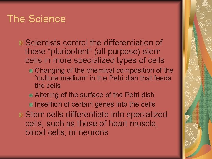 The Science Scientists control the differentiation of these “pluripotent” (all-purpose) stem cells in more