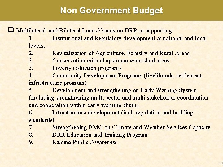 Non Government Budget q Multilateral and Bilateral Loans/Grants on DRR in supporting: 1. Institutional
