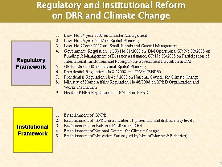 Regulatory and Institutional Reform on DRR and Climate Change 1. 2. 3. 4. Regulatory