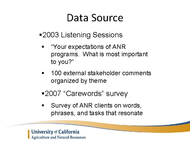 Data Source § 2003 Listening Sessions § “Your expectations of ANR programs. What is