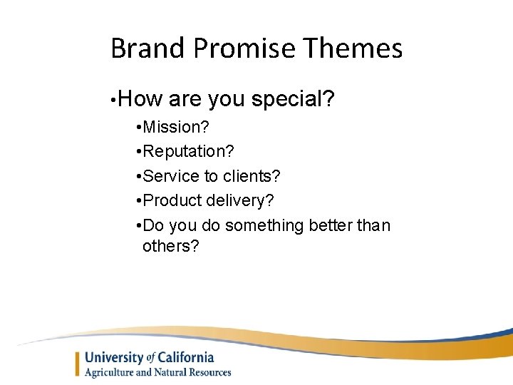 Brand Promise Themes • How are you special? • Mission? • Reputation? • Service