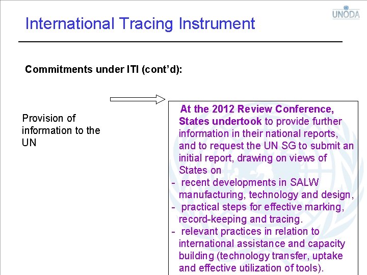 International Tracing Instrument Commitments under ITI (cont’d): Provision of information to the UN At
