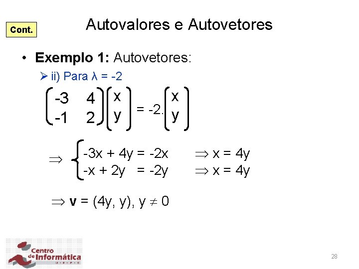 Autovalores e Autovetores Cont. • Exemplo 1: Autovetores: Ø ii) Para λ = -2