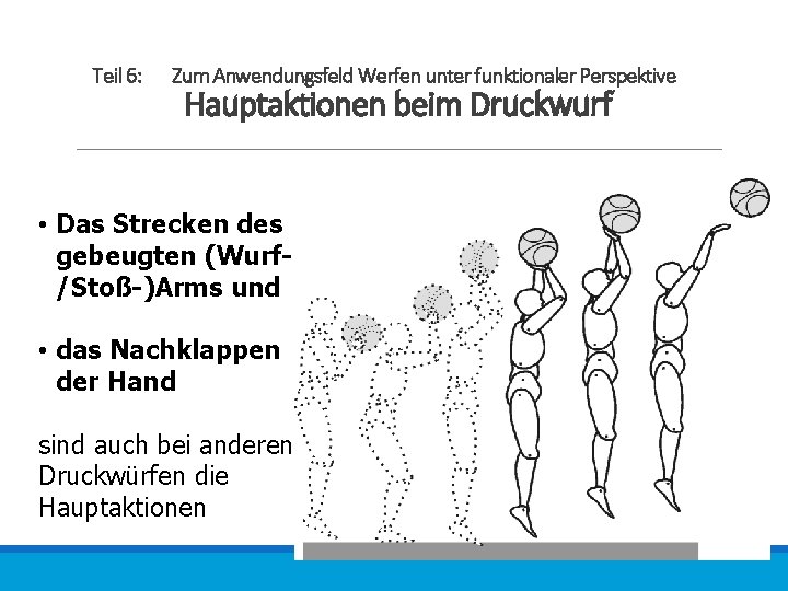 Teil 6: Zum Anwendungsfeld Werfen unter funktionaler Perspektive Hauptaktionen beim Druckwurf • Das Strecken
