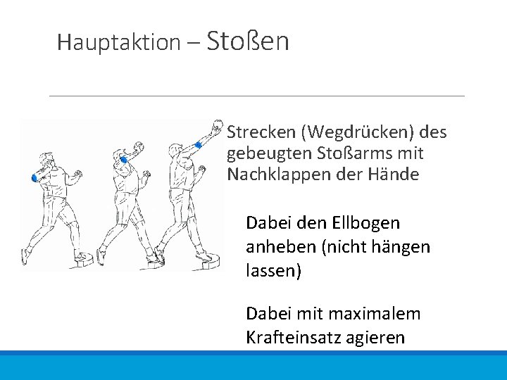 Hauptaktion – Stoßen Strecken (Wegdrücken) des gebeugten Stoßarms mit Nachklappen der Hände Dabei den