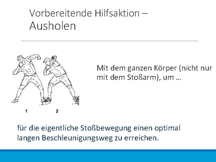 Vorbereitende Hilfsaktion – Ausholen Mit dem ganzen Körper (nicht nur mit dem Stoßarm), um