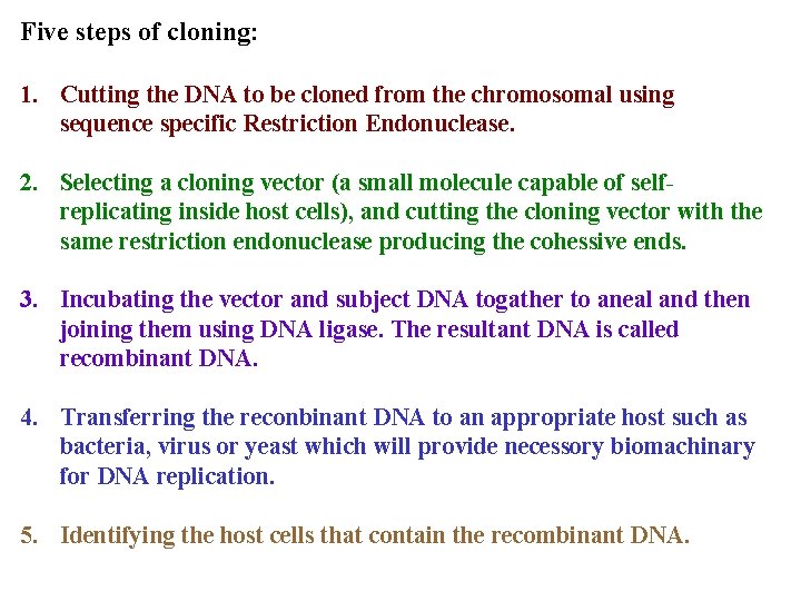 Five steps of cloning: 1. Cutting the DNA to be cloned from the chromosomal