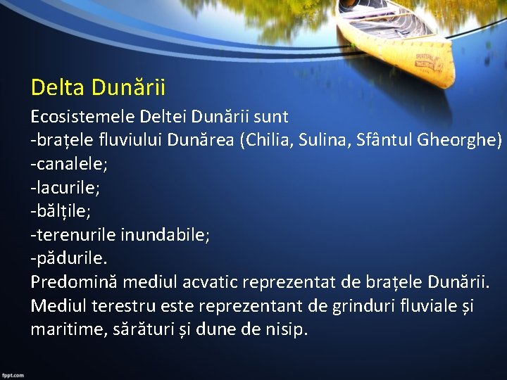Delta Dunării Ecosistemele Deltei Dunării sunt -brațele fluviului Dunărea (Chilia, Sulina, Sfântul Gheorghe) -canalele;