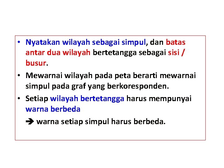  • Nyatakan wilayah sebagai simpul, dan batas antar dua wilayah bertetangga sebagai sisi