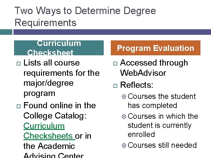 Two Ways to Determine Degree Requirements Curriculum Checksheet Lists all course requirements for the