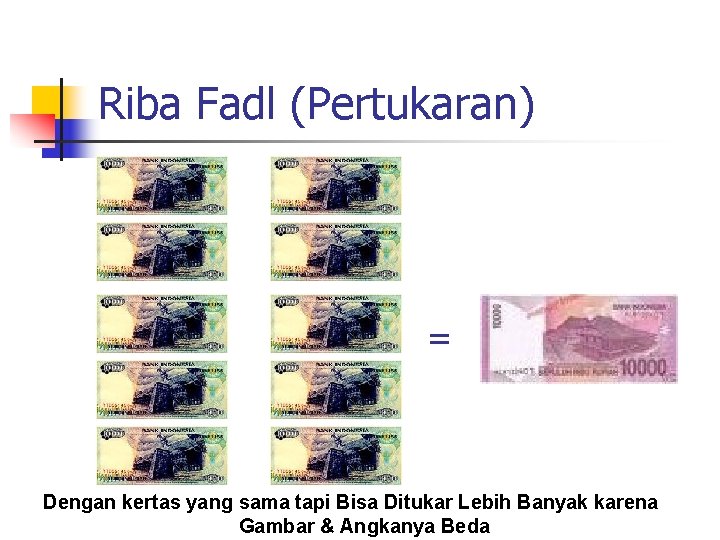 Riba Fadl (Pertukaran) = Dengan kertas yang sama tapi Bisa Ditukar Lebih Banyak karena Riba Fadl (Pertukaran) = Dengan kertas yang sama tapi Bisa Ditukar Lebih Banyak karena