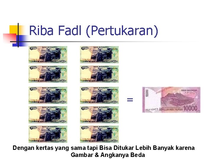 Riba Fadl (Pertukaran) = Dengan kertas yang sama tapi Bisa Ditukar Lebih Banyak karena