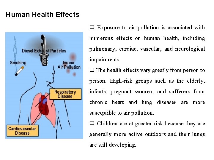 Human Health Effects q Exposure to air pollution is associated with numerous effects on