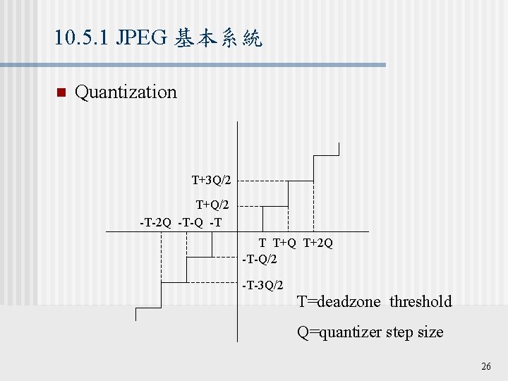 10. 5. 1 JPEG 基本系統 n Quantization T+3 Q/2 T+Q/2 -T-2 Q -T-Q -T
