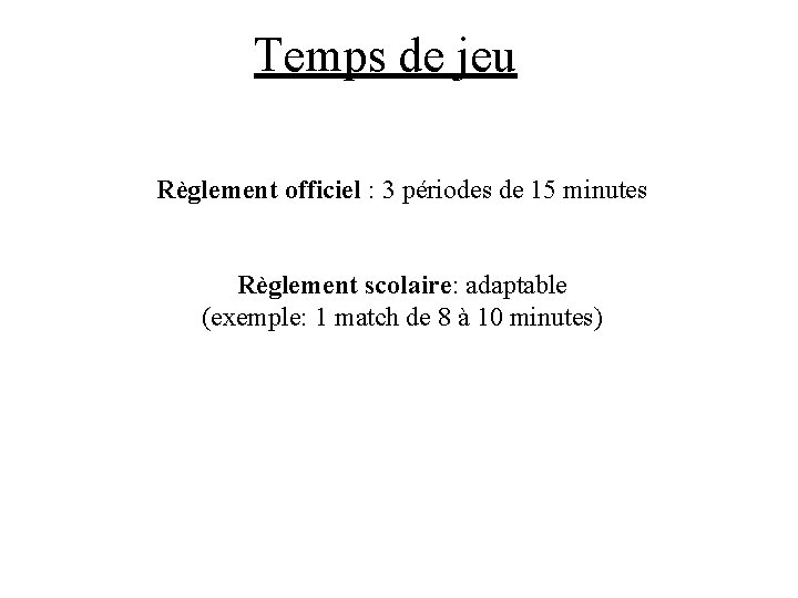 Temps de jeu Règlement officiel : 3 périodes de 15 minutes Règlement scolaire: adaptable