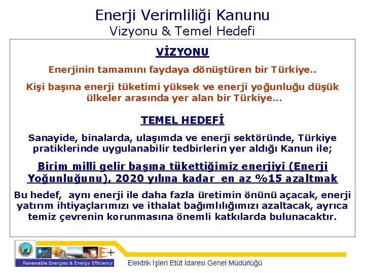 Enerji Verimliliği Kanunu Vizyonu & Temel Hedefi VİZYONU Enerjinin tamamını faydaya dönüştüren bir Türkiye.