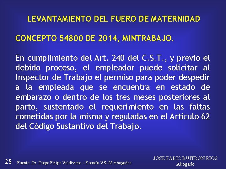 LEVANTAMIENTO DEL FUERO DE MATERNIDAD CONCEPTO 54800 DE 2014, MINTRABAJO. En cumplimiento del Art.