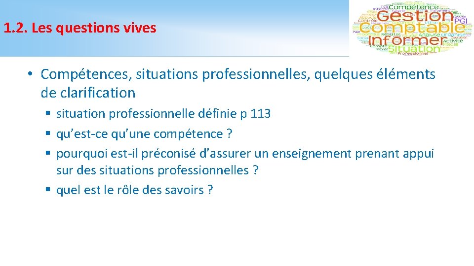 1. 2. Les questions vives • Compétences, situations professionnelles, quelques éléments de clarification §