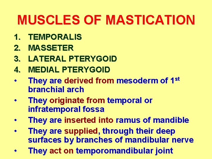MUSCLES OF MASTICATION 1. 2. 3. 4. • • • TEMPORALIS MASSETER LATERAL PTERYGOID