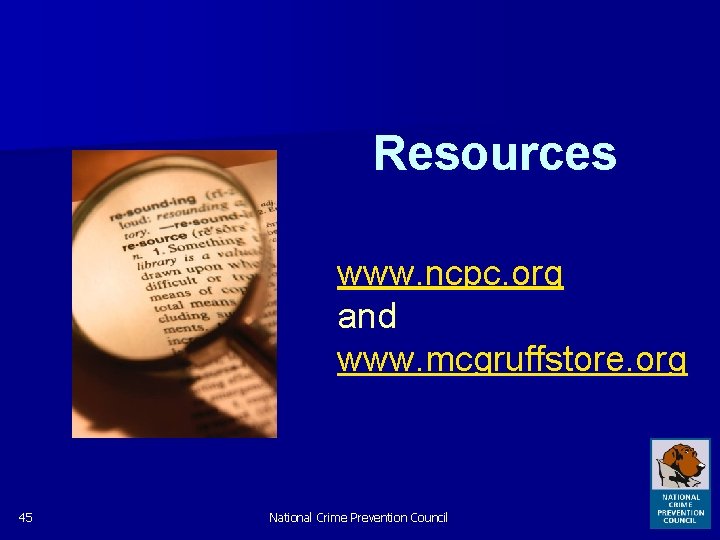 Resources www. ncpc. org and www. mcgruffstore. org 45 National Crime Prevention Council 