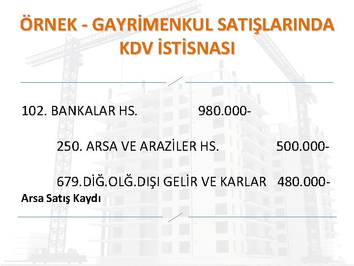 ÖRNEK - GAYRİMENKUL SATIŞLARINDA KDV İSTİSNASI 102. BANKALAR HS. 980. 000 - 250. ARSA