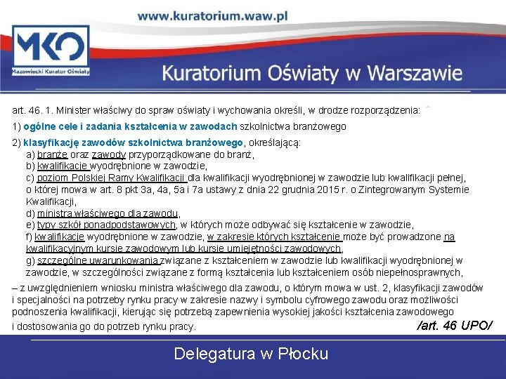 art. 46. 1. Minister właściwy do spraw oświaty i wychowania określi, w drodze rozporządzenia: