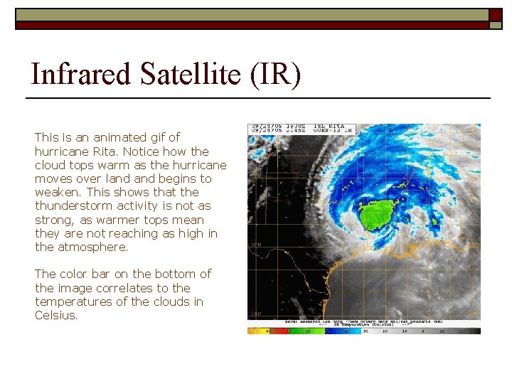 Infrared Satellite (IR) This is an animated gif of hurricane Rita. Notice how the