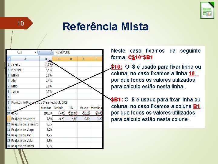10 Referência Mista Neste caso fixamos da seguinte forma: C$10*$B 1 $10: O $